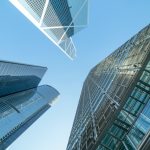 Upward shot of glass skyscrapers